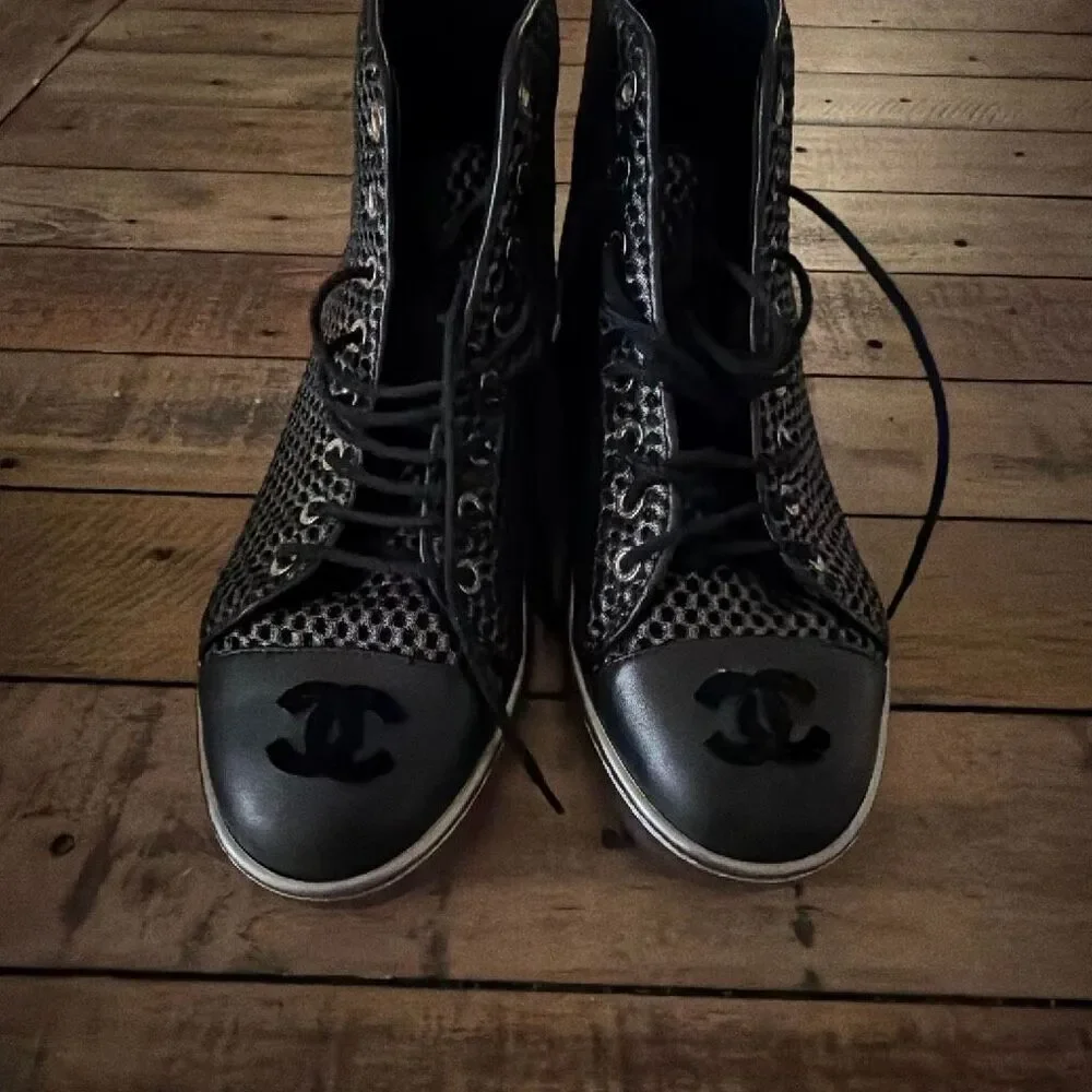 Chanel Black Mesh and Leather CC Cap Toe High Top Sneakers Size 36